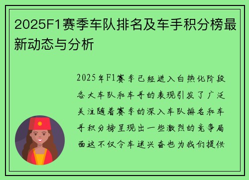 2025F1赛季车队排名及车手积分榜最新动态与分析