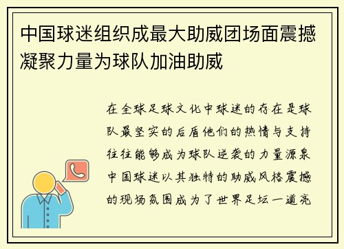 中国球迷组织成最大助威团场面震撼凝聚力量为球队加油助威